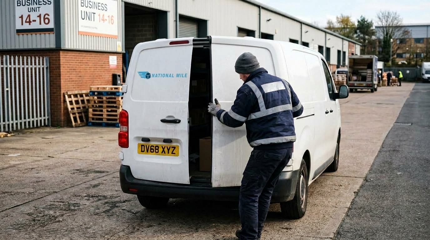 Forklift loading a pallet onto a dedicated courier vehicle